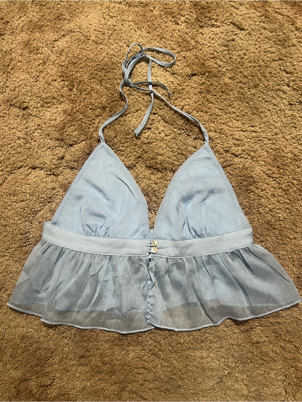 Bear Dance Pale Blue Sheer Halter Crop Top with Ruffle Hem